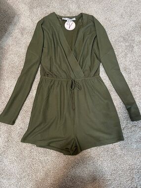 Olive Green Long Sleeve Ribbed Romper, NWT